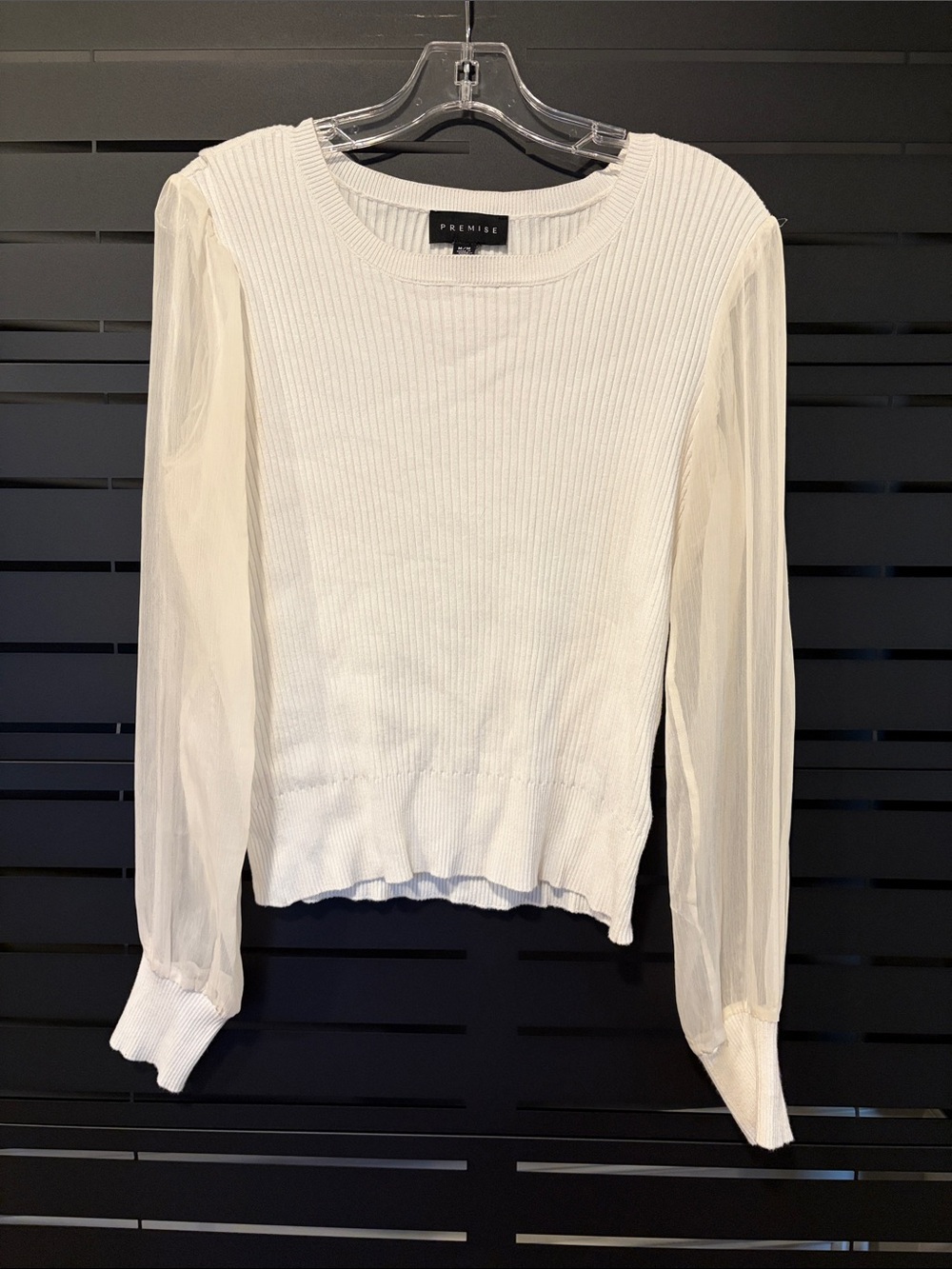 Premise White Ribbed Knit Top with Sheer Loose Long Sleeves